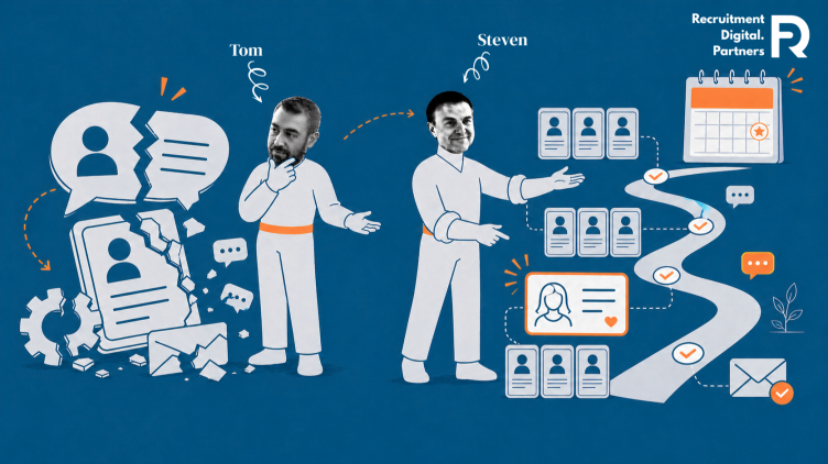 Illustration of Tom and Steven mapping a founder's recruitment growth journey, end-to-end.