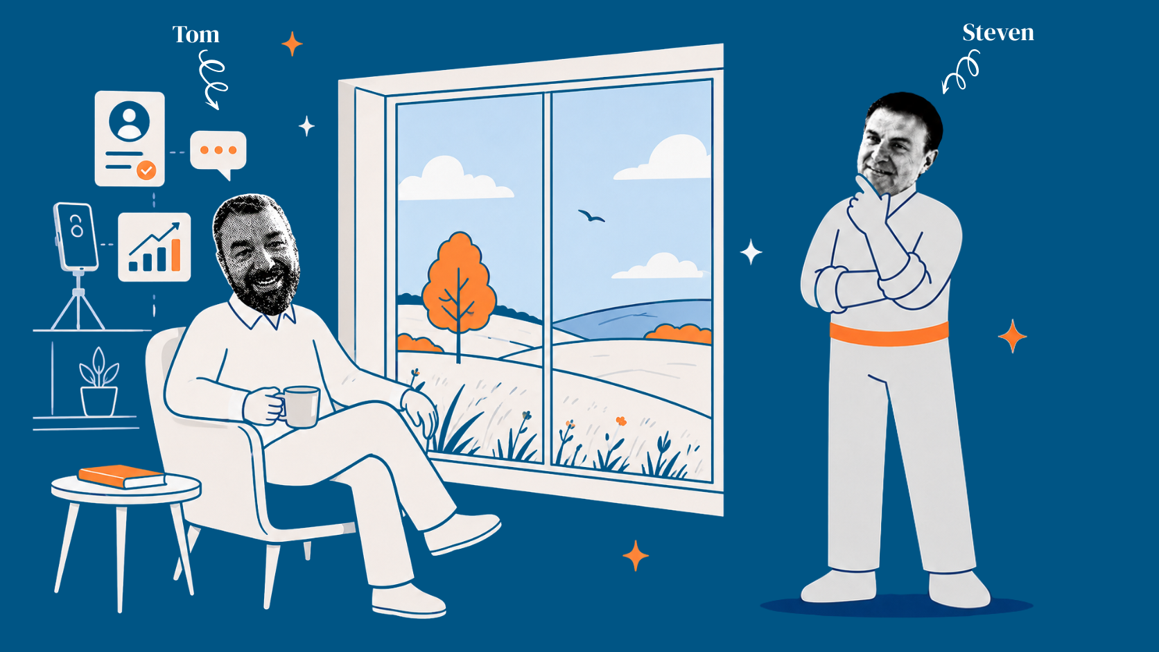 Illustration of Tom and Steven, the RecruitmentDigital.Partners team, embedded in the operating cadence with founders.